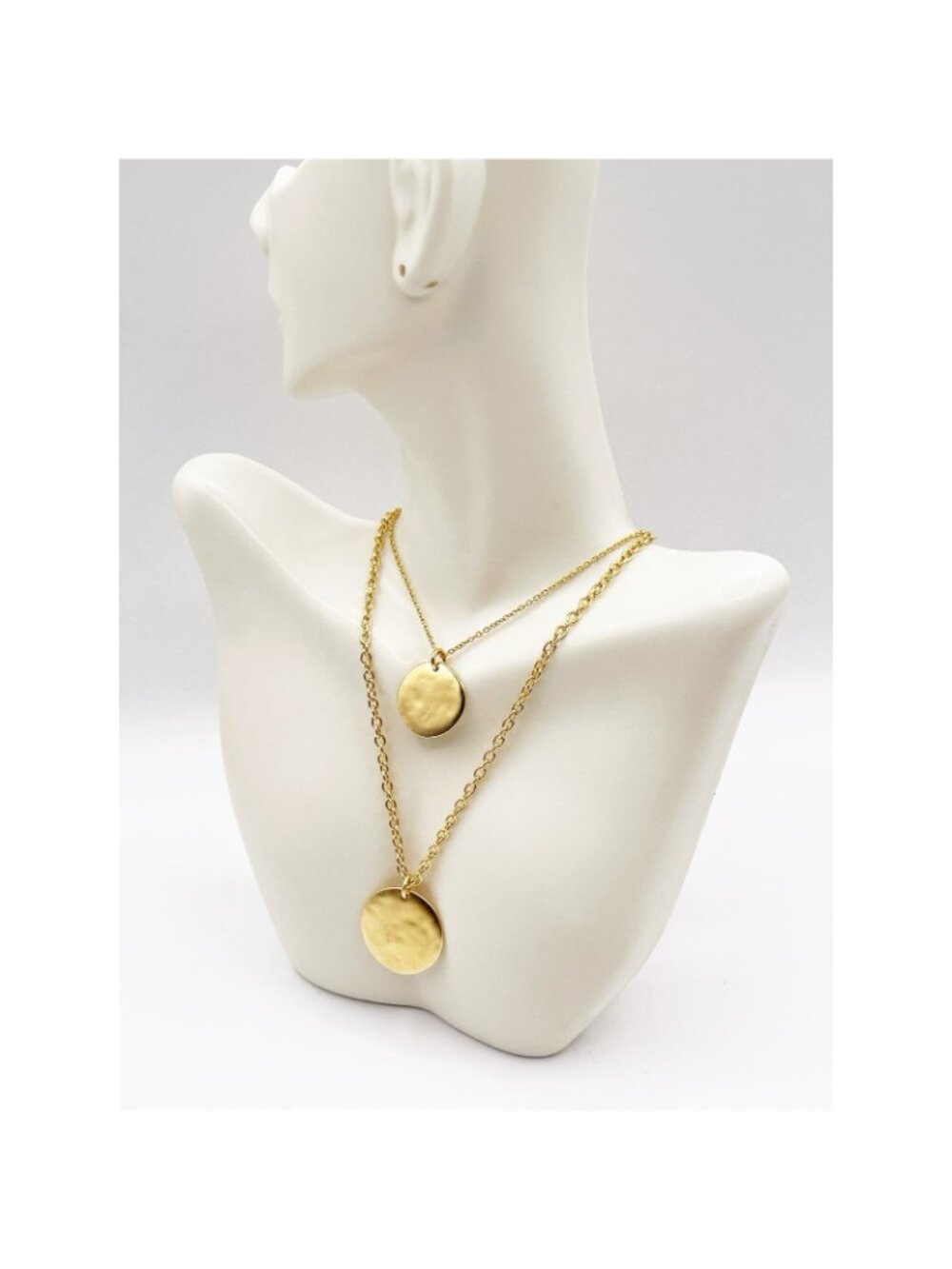 J.Crew Gold Tone Layered Hammered Disc Pendant Necklace Adjustable Length - Picture 2 of 6